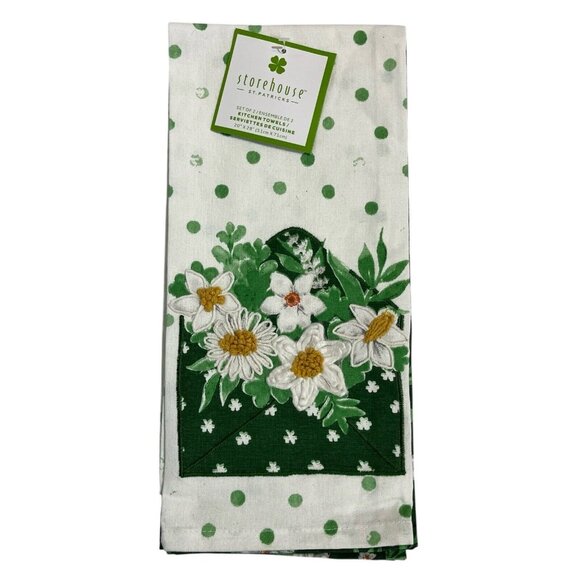 Storehouse Kitchen Towels St Patricks Green Mixed‎ Floral Polka Dot Embroidered - Picture 1 of 7